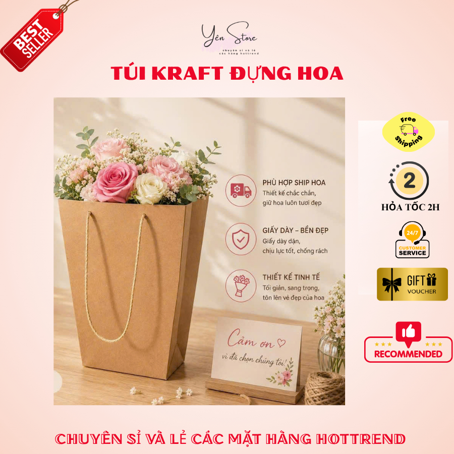 Sỉ 50 Túi Giấy Kraft Đựng Hoa – Túi Giấy Xi Măng Có Quai Xách Đựng Hoa,Quà Tặng, Kích Thước 15x27x40