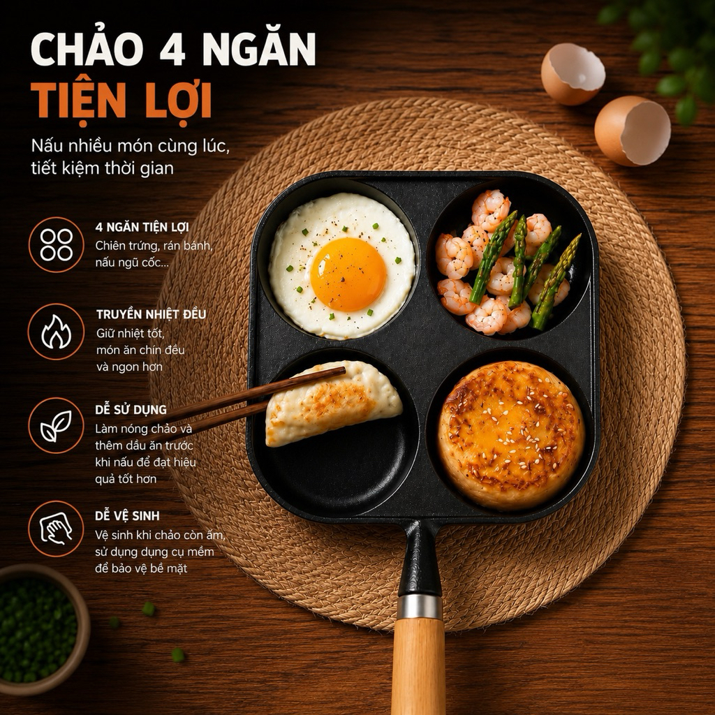 Chảo Gang 4 Ngăn Cao Cấp Tay Cầm Gỗ Chiên Trứng Rán Bánh Đa Năng