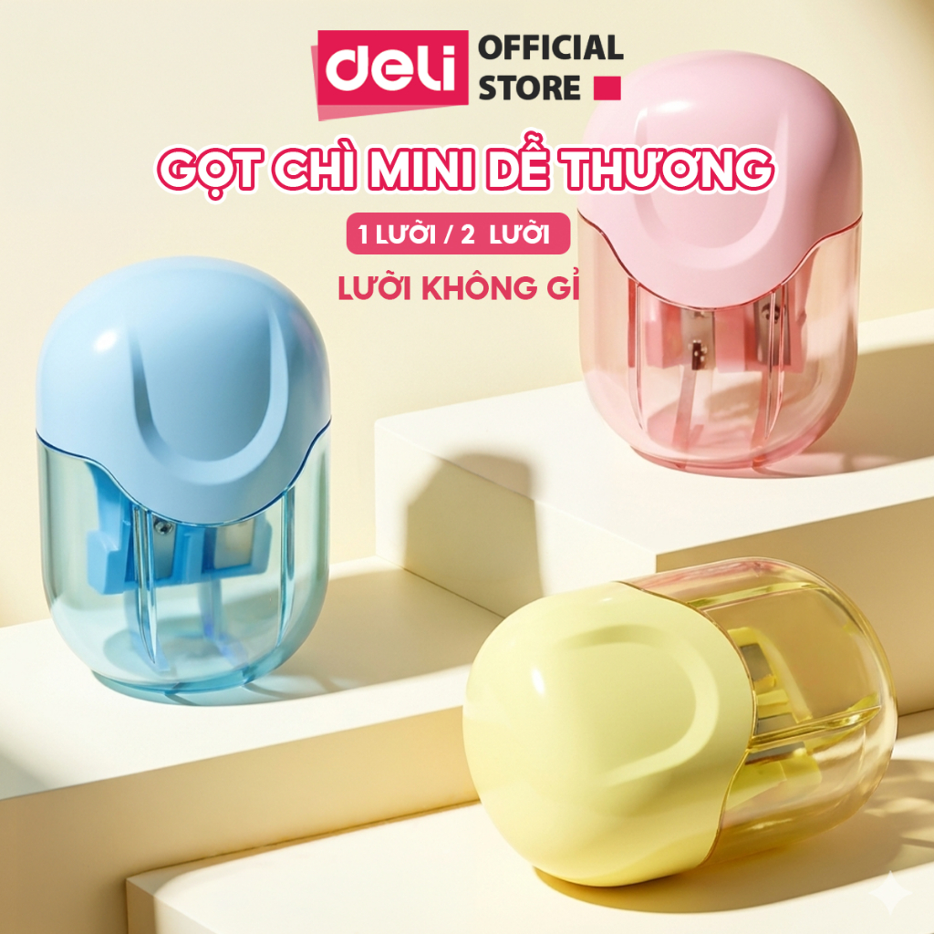 Gọt Chì Mini Deli Có Hộp Đựng Gọt Bút Chì 1 Lưỡi/2 Lưỡi, Thép Sắc Bén, Màu Pastel
