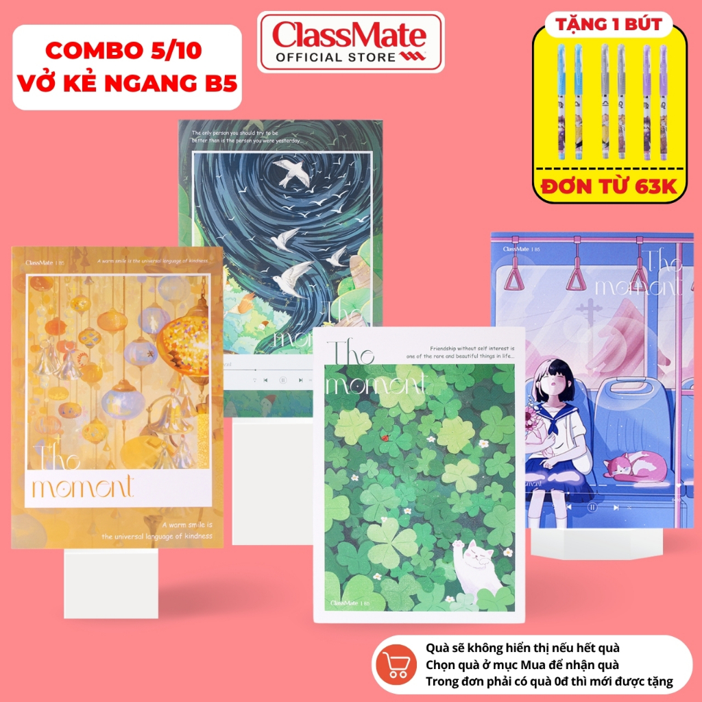 [Tặng Bút] Combo 5/10 Vở Kẻ Ngang Có Chấm The Moment Classmate Bìa Chống Nước, Giấy Ăn Mực, Vở Viết B5, 80/120/200 Trang