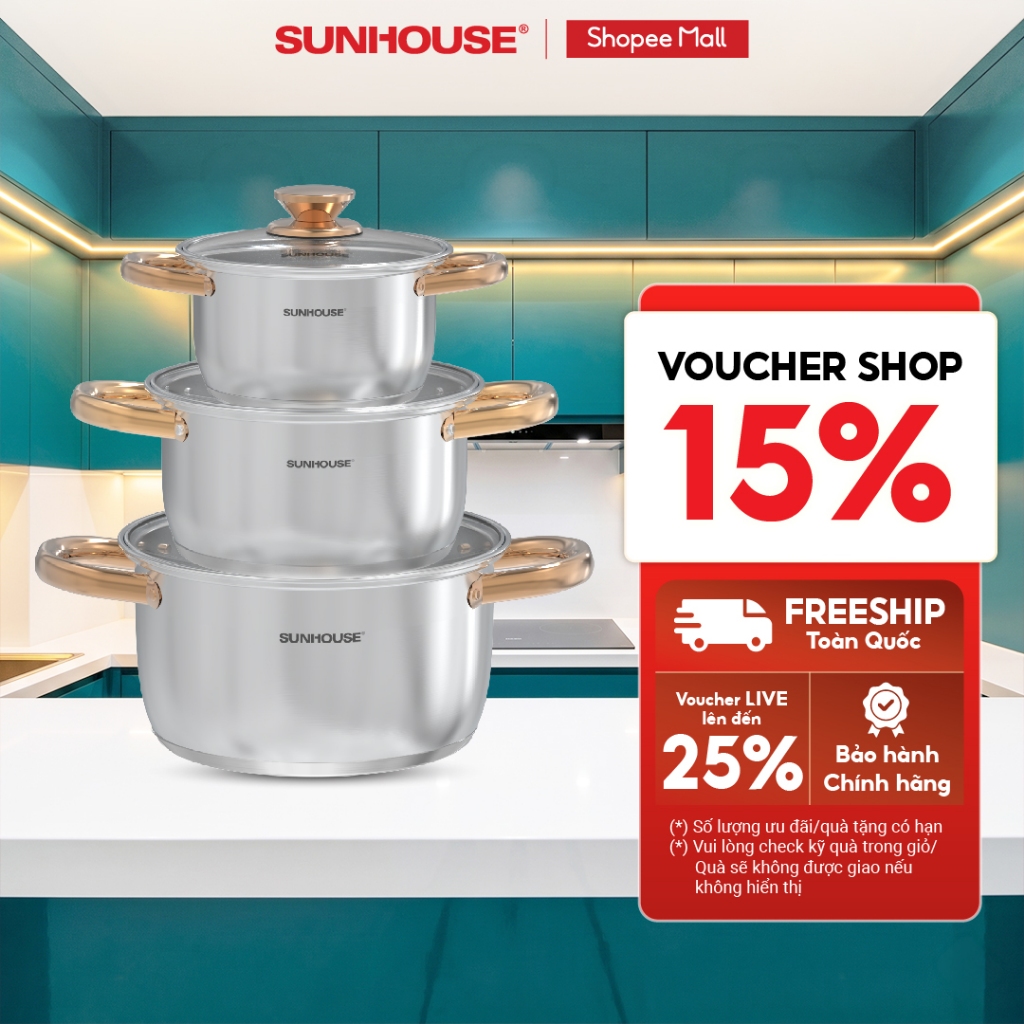 Bộ nồi inox 5 đáy Sunhouse SH781 - gồm 3 nồi với đường kính 16cm-20cm-24cm - Đáy từ dùng mọi loại bếp - 5 lớp đáy