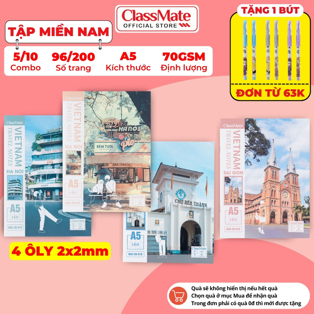 [Tặg Bút] Combo 5/10 Tập Học Sinh Miền Nam Travel Note Classmate A5 Tập 4 Ô Ly 2x2mm, Giấy Ăn Mực, 70gsm, 96/200 Trang