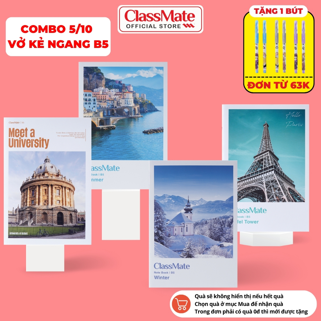 [Tặng Bút] Combo 5/10 Vở Kẻ Ngang Travel Classmate B5, Bìa Chống Nước, Giấy Ăn Mực, Vở 80/12/200 Trang, 58-60gsm Ghi Bài