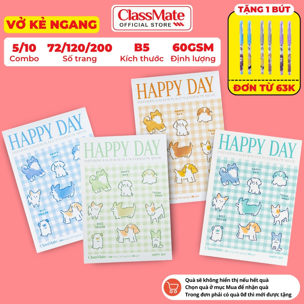 [BST 2026] Combo 5/10 Vở Kẻ Ngang Happy Day ClassMate Vở Viết B5 Giấy Mịn Ăn Mực, Bìa Chống Nước 72/120/200 Trang 60gsm