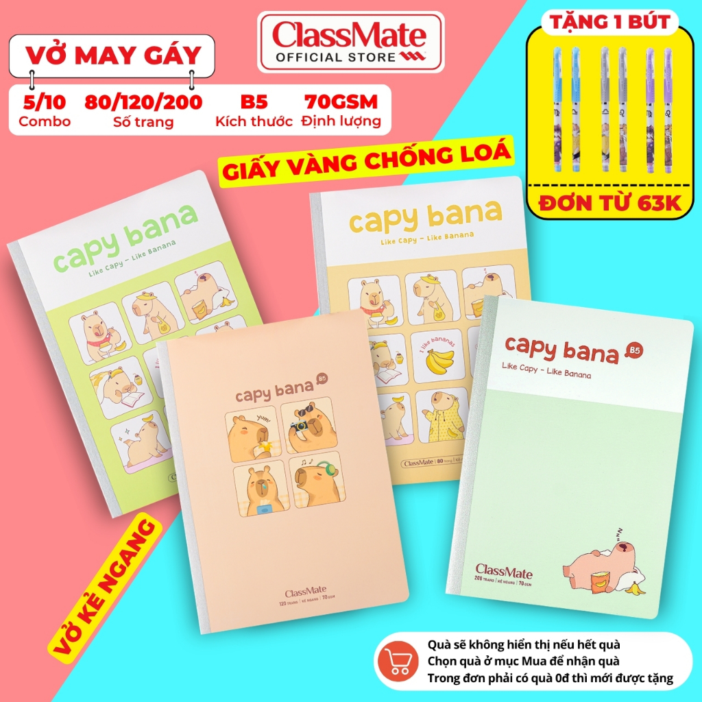 [63K Tặg Bút] Combo 5/10 Vở Kẻ Ngang CapyBana ClassMate Giấy Vàng Chống Loá, Vở Viết B5 70gsm, Vở Ghi Chép Cho Học Sinh