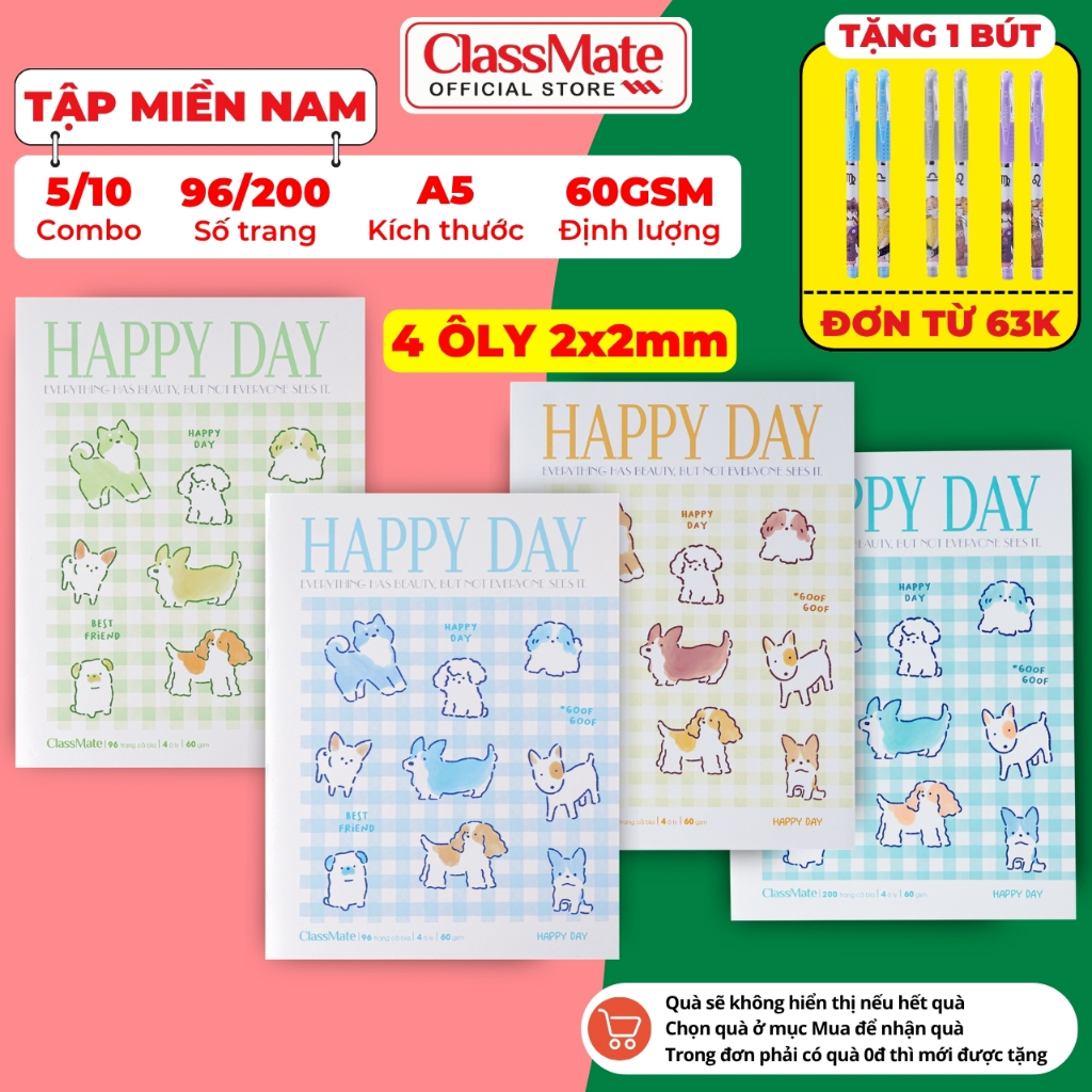 [Tặng Bút] Combo 5/10 Tập Học Sinh Miền Nam Happy Day A5 Classmate Giấy Ăn Mực, Bìa Chống Nước, Vở 4 Ô Ly 2x2mm Ghi Chép