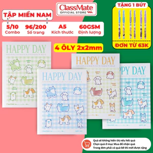 Combo 5/10 Tập Học Sinh Miền Nam Happy Day A5 Classmate Giấy Ăn Mực, Bìa Chống Nước, Vở 4 Ô Ly 2x2mm Ghi Chép