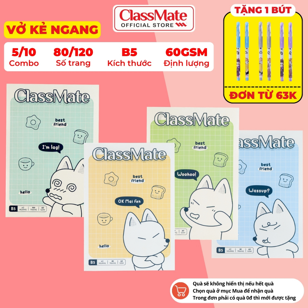 [63K Tặg Bút] Combo 5/10 Vở Kẻ Ngang Tiếu Cáo ClassMate Giấy Mịn Ăn Mực, Bìa Chống Nước, Vở Viết B5, 80/120 Trang, 60gsm