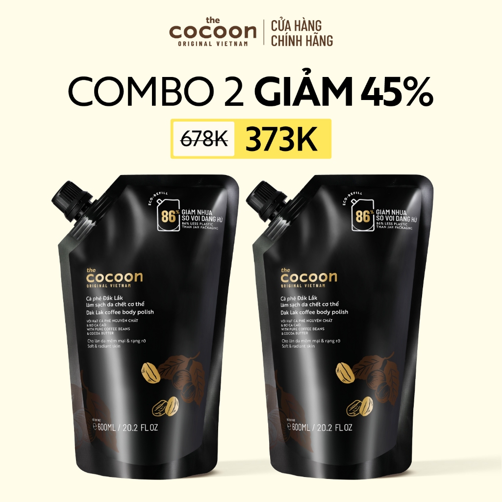[MUA 2 GIẢM 45%] Combo 2 túi Refill - Cà phê Đắk Lắk làm sạch da chết cơ thể Cocoon 600ml
