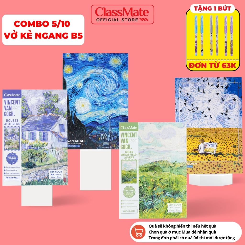 [Đơn 63K Tặg Bút] Combo 5/10 Vở Kẻ Ngang Van Gogh ClassMate Bìa Chống Nước Vở B5 80/120 Trang Quyển Vở 70gsm Vở Ghi Chép