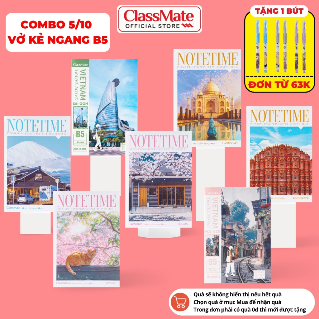 [Tặg Bút] Combo 5/10 Vở Kẻ Ngang NoteTime Classmate Giấy Mịn Ăn Mực, Bìa Chống Nước, Vở Viết B5, 60gsm, 80/120/200 Trang