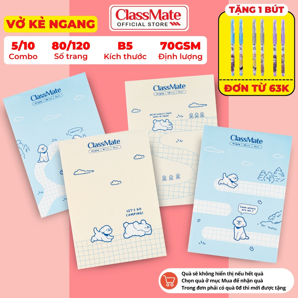[Đơn 63K Tặg Bút] Combo 5/10 Vở Kẻ Ngang Lets Gau ClassMate Bìa Chống Nước, Giấy Ăn Mực, Vở B5, 70GSM, 80/120 Trang