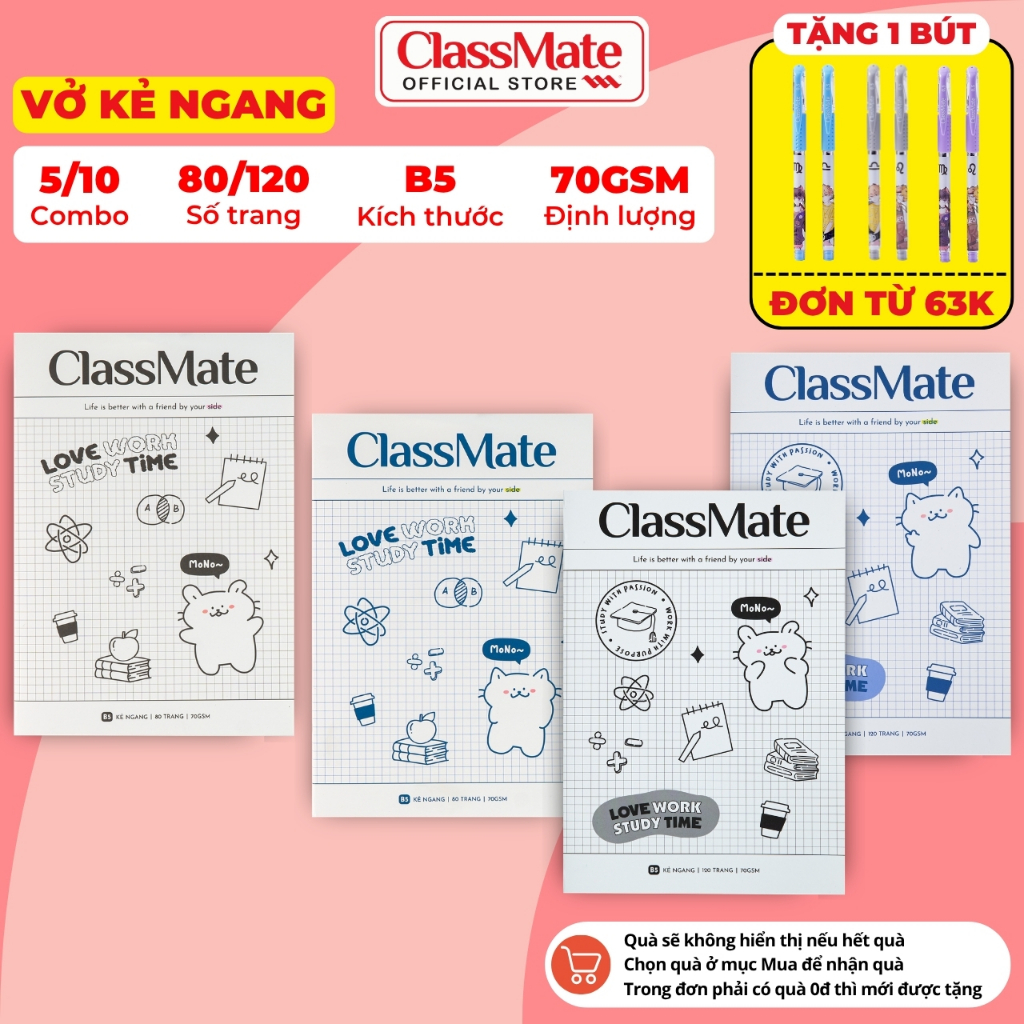 [63K Tặg Bút] Combo 5/10 Vở Kẻ Ngang B5 MoNo ClassMate 70GSM Bìa Chống Nước, Giấy Ăn Mực, Vở B5, 80/120 Trang Ghi Chép