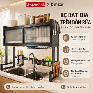 BMZAR Kệ để chén bát Có cửa trượt 【75-105CM】Kệ chén có nắp đậy Chống bụi 360 độ Kệ bát trên bồn rửa bát Chất liệu thép