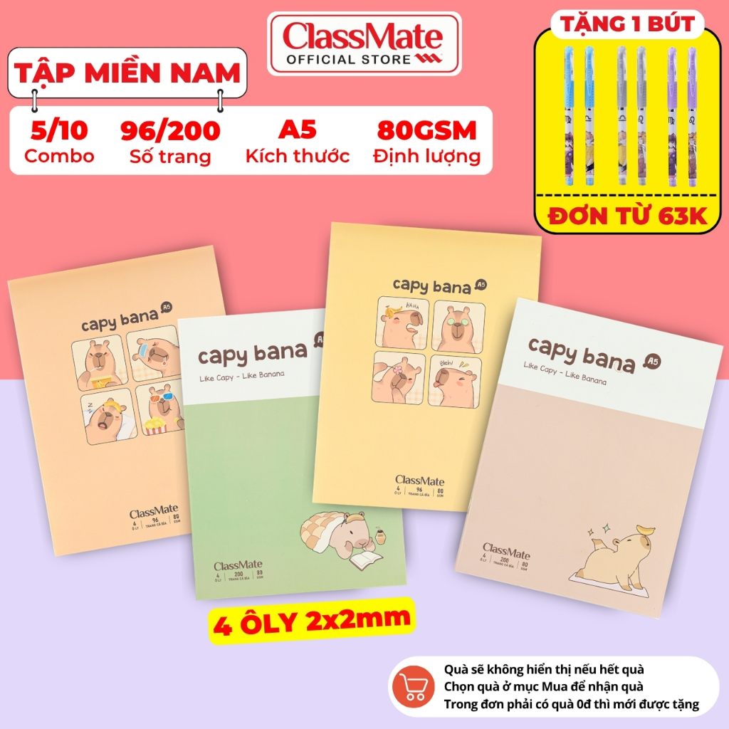 [Tặng Bút] Combo 5/10 Tập Học Sinh Miền Nam A5 CapyBana Classmate Bìa Chống Nước, Tập 4 Ô Ly 2x2mm, 80gsm, 96/200 Trang
