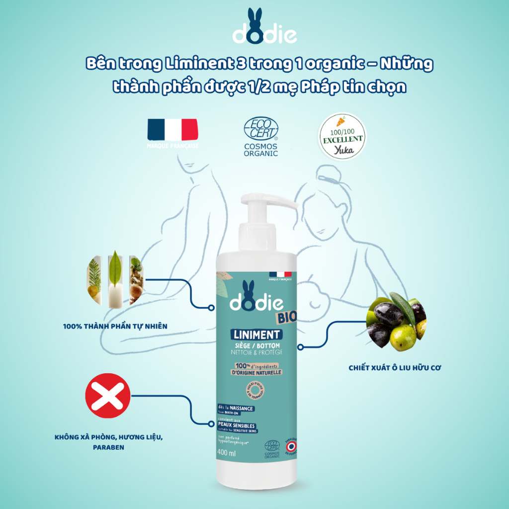 [DODIE] Liniment dung dịch chống hăm tã Hữu cơ cho bé - không cần rửa lại - 400ml [DATE T11/2026]