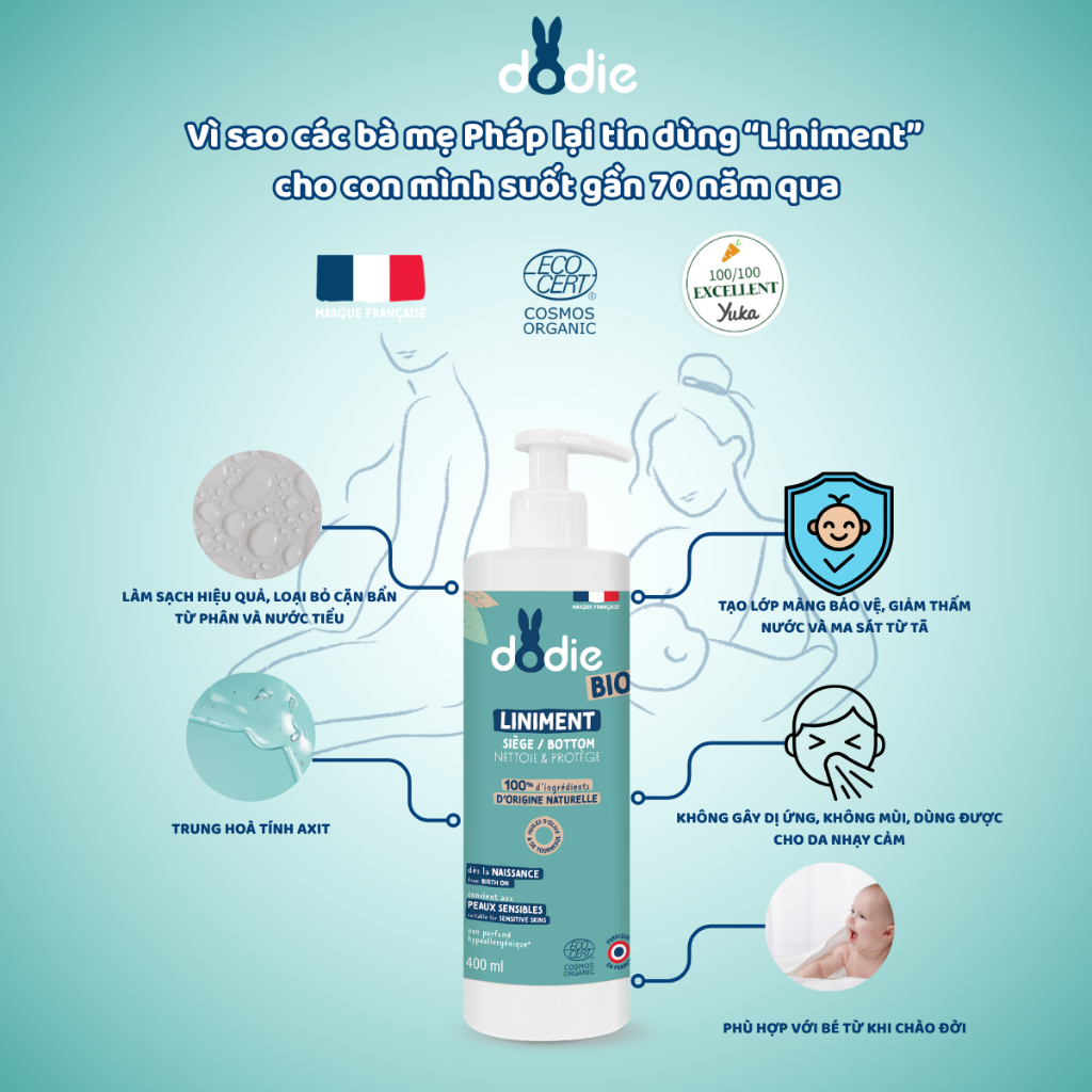 [DODIE] Liniment dung dịch chống hăm tã Hữu cơ cho bé - không cần rửa lại - 400ml [DATE T11/2026]