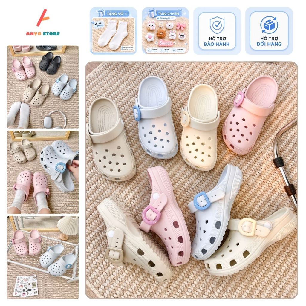 QH10 [Tặng Charm Ngẫu Nhiên, Vớ ] Dép sục ANYA Buckle Nam Nữ Có Khuy Cao 3cm Chất Liệu EVA An Toàn Nhẹ Êm - Đổi size