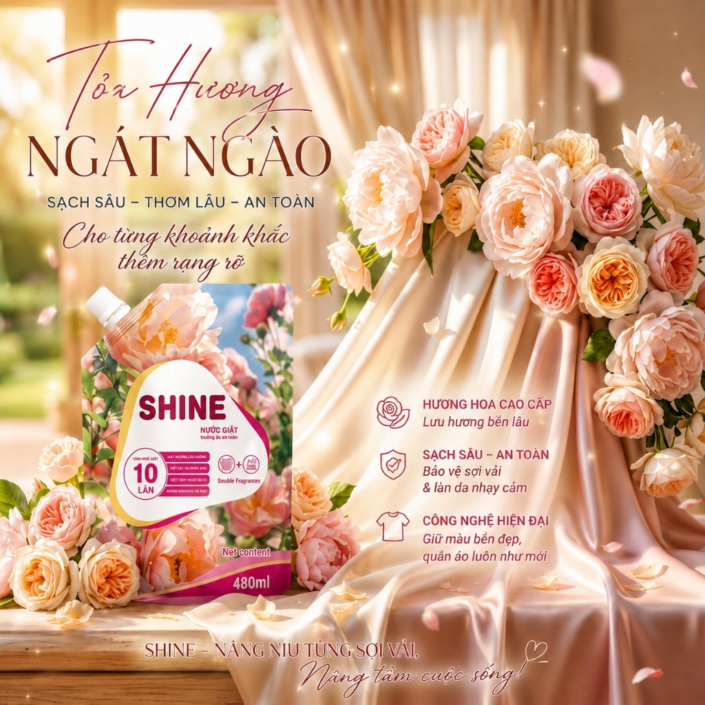 SHINE Nước Giặt Đậm Đặc 480ml | Lưu Hương 96H | Giữ Màu Quần Áo | Đánh Bay Vết Bẩn | Hương Hoa Cao Cấp