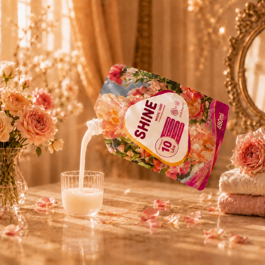 SHINE Nước Giặt Đậm Đặc 480ml | Lưu Hương 96H | Giữ Màu Quần Áo | Đánh Bay Vết Bẩn | Hương Hoa Cao Cấp