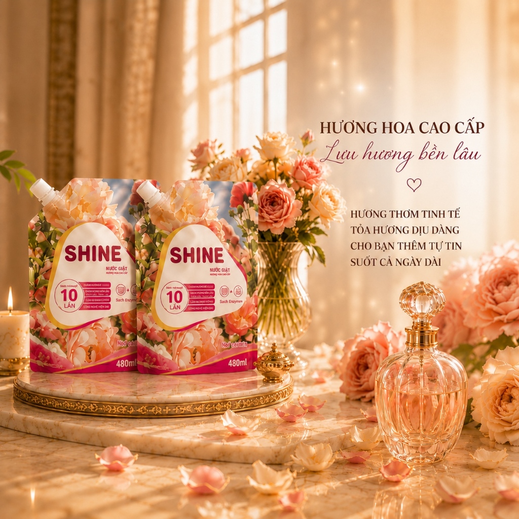 SHINE Nước Giặt Đậm Đặc 480ml | Lưu Hương 96H | Giữ Màu Quần Áo | Đánh Bay Vết Bẩn | Hương Hoa Cao Cấp