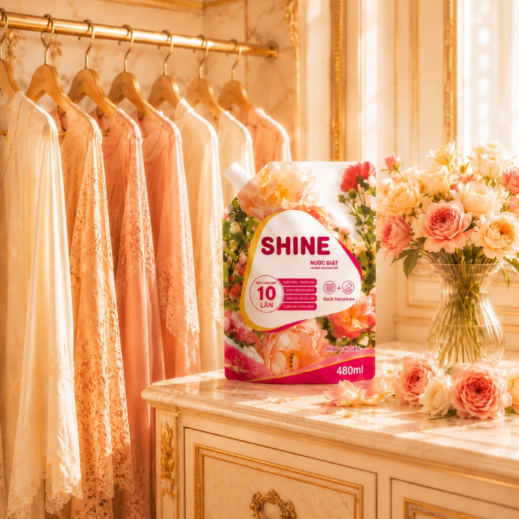 SHINE Nước Giặt Đậm Đặc 480ml | Lưu Hương 96H | Giữ Màu Quần Áo | Đánh Bay Vết Bẩn | Hương Hoa Cao Cấp