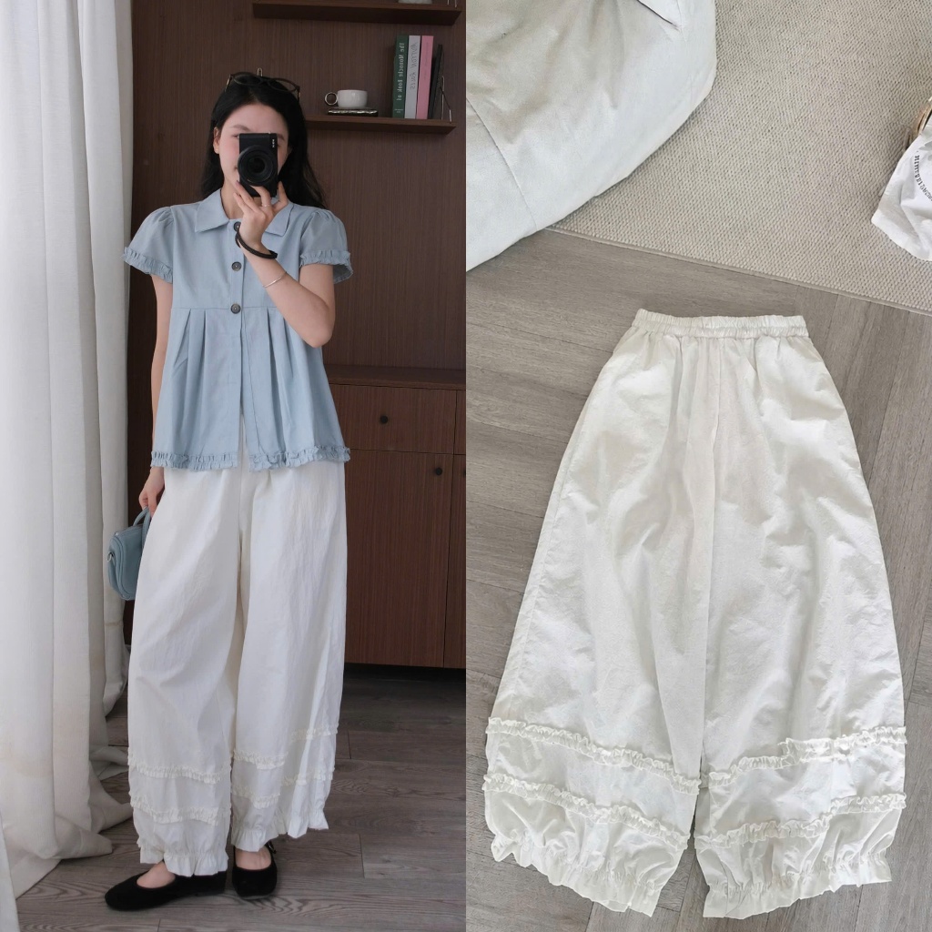 Lulu Pants (TSW) Quần gió phồng trắng viền bèo bo gấu Nữ the.sweaterweather