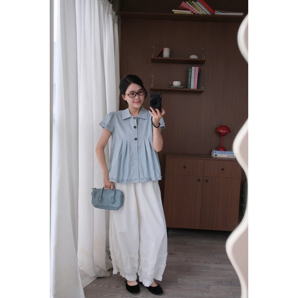 Lulu Pants (TSW) Quần gió phồng trắng viền bèo bo gấu Nữ the.sweaterweather