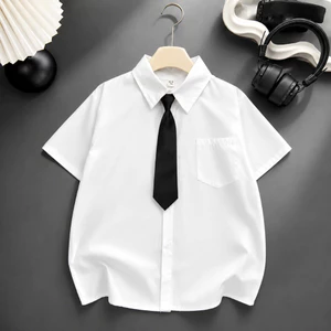 Áo Sơ Mi Trắng Cộc Tay Bé Trai 17-60kg Kèm Cà Vạt, Chất Đũi Hàn Mềm Mát, Đứng Form, Không Nhăn