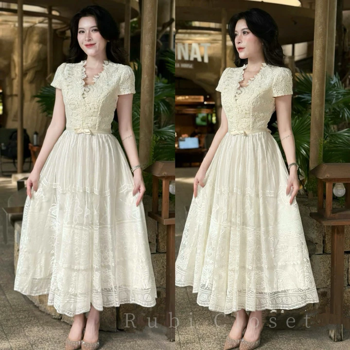 VÁY NỮ, VÁY REN CỔ V NƠ EO DÁNG DÀI,ĐI DU LỊCH SIÊU XINH, ĐẦM VÁY NỮ REN CỘC TAY DÁNG NGẮN CỔ V CAO CẤP XINH