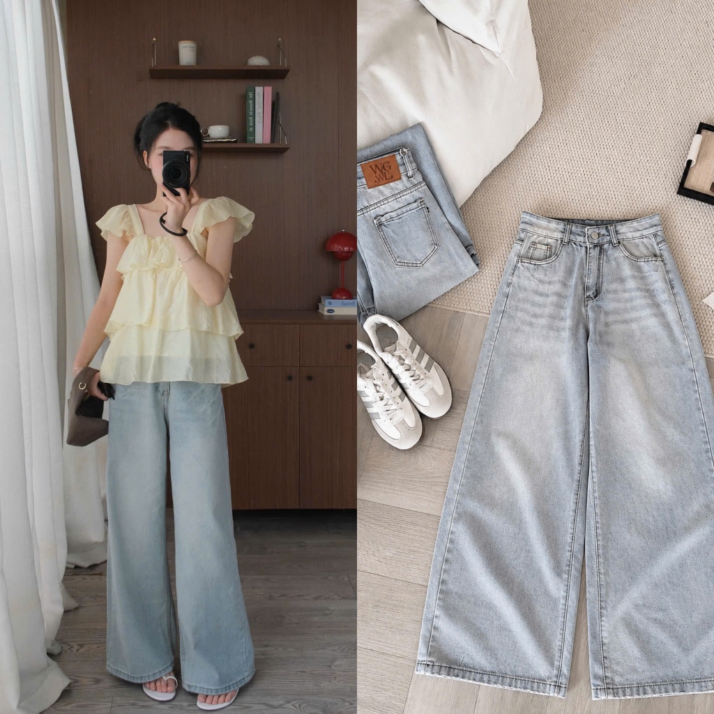 Sasa Jean (TSW) Quần jean xanh bạc ống rộng tag da Nữ the.sweaterweather