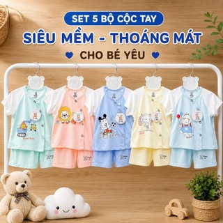 Bộ cộc tay cho bé 0-9 tháng khuy cài chéo phối màu họa tiết cute chất mềm mát thấm hút mồ hôi - SS8