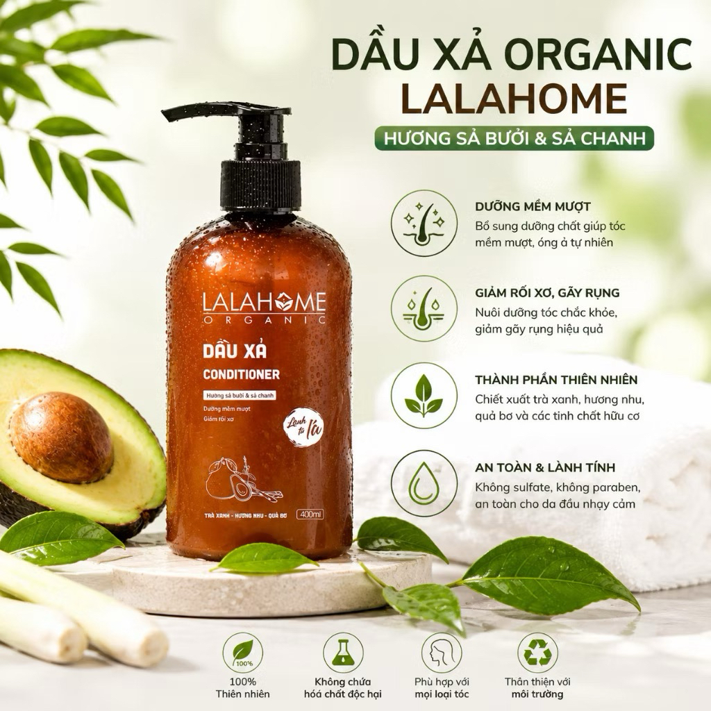 [HÀNG CHÍNH HÃNG]Dầu xả hương bưởi sả chanh LALAHOME ORGANIC 400ml hỗ trợ dưỡng tóc mềm mượt,cung cấp độ ẩm