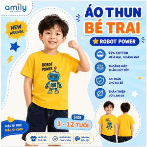 Áo Thun Bé Trai AMILY Robot Power 95% Cotton Cao Cấp, Áo Phông Cộc Tay Mềm Mại Thoáng Mát Cho Bé 3-12 Tuổi