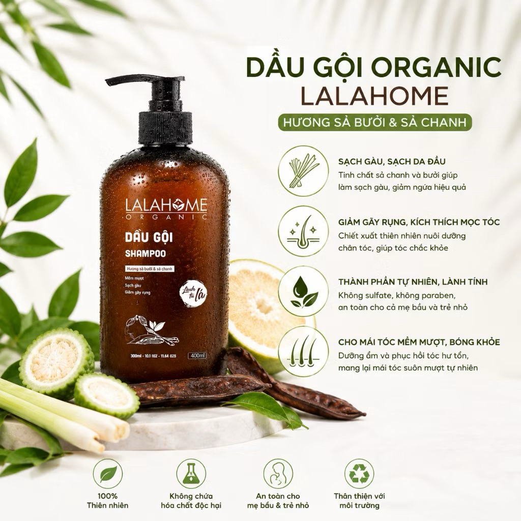 [HÀNG CHÍNH HÃNG]Dầu gội hương bưởi sả chanh LalaHome Organic hỗ trợ giảm gàu,ngứa,gãy rụng