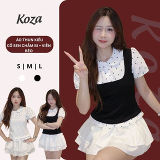 ( MẪU MỚI 2026) Áo Thun Nữ Giả Hai Lớp Cổ Sen Chấm Bi Phong Cách Hàn Quốc AOT043