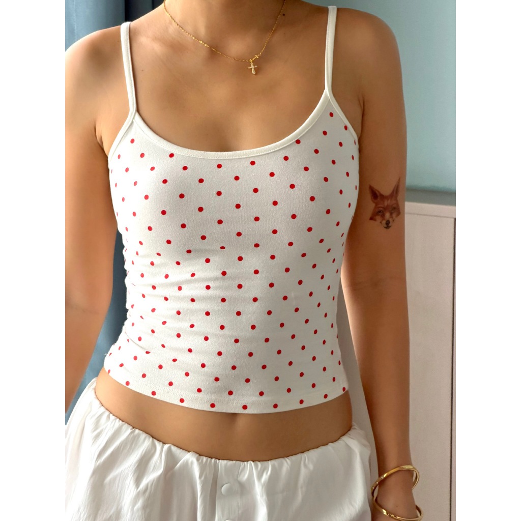 HÀNG MỚI VỀ - Áo 2 dây chấm bi đỏ tomato red & trắng trơn chất cotton 4 chiều dày dặn co giãn | bananabu