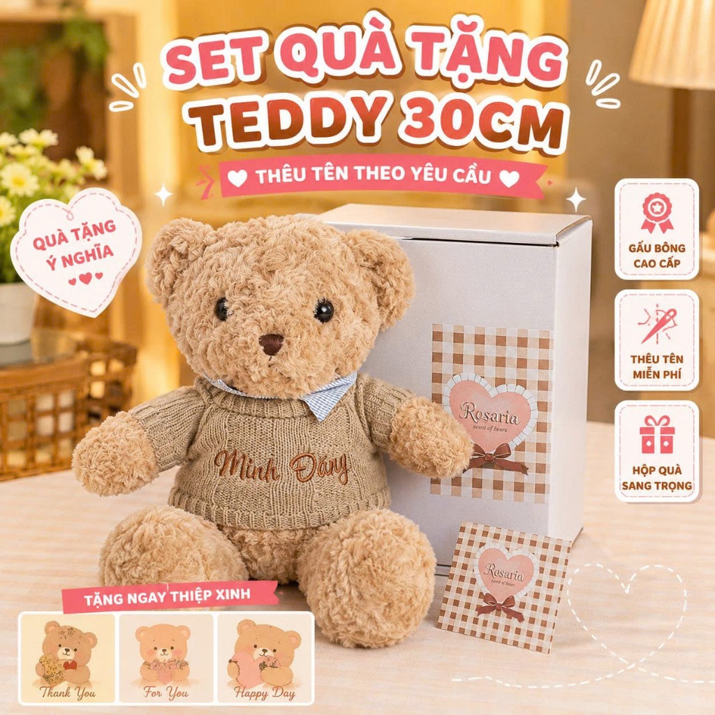 Set Quà Tặng Gấu Bông Teddy 30CM Thêu Tên Theo Yêu Cầu – Kèm Thiệp Và Hộp Quà Cao Cấp – Quà Tặng Ý Nghĩa