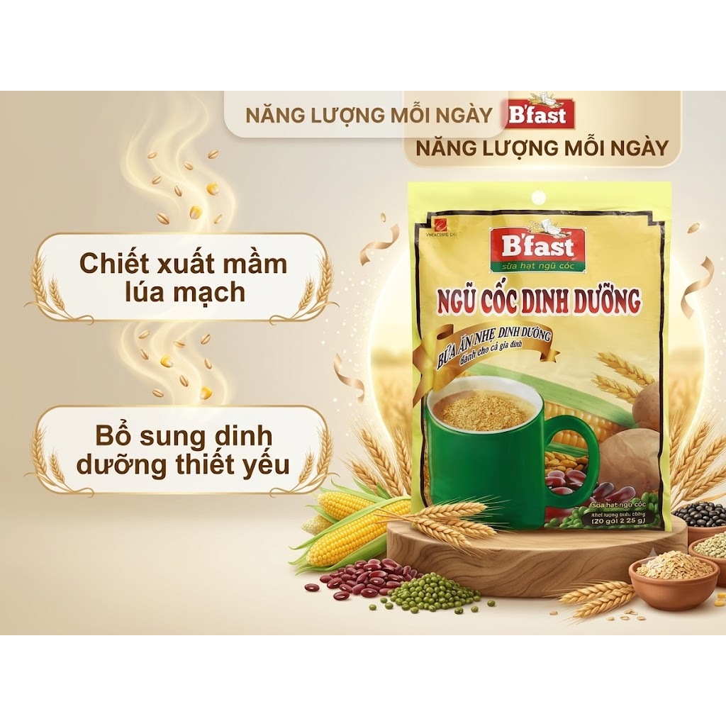 Ngũ Cốc Dinh Dưỡng B'fast Sữa Hạt Ngũ Cốc (Bịch 500g / 20 gói x 25g) - Bữa Ăn Nhẹ Cho Cả Gia Đình