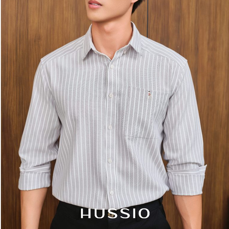 Áo sơ mi công sở nam họa tiết sọc,logo thêu, vải oxford cao cấp,  thoáng khí, chuẩn form – HUSSIO