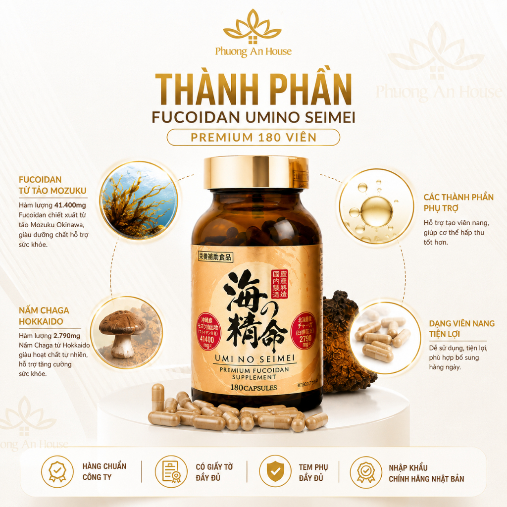 Thực phẩm bảo vệ sức khỏe UMI NO SEIMEI Premium Fucoidan 180 Viên Hỗ Trợ Tăng Cường Sức Khỏe