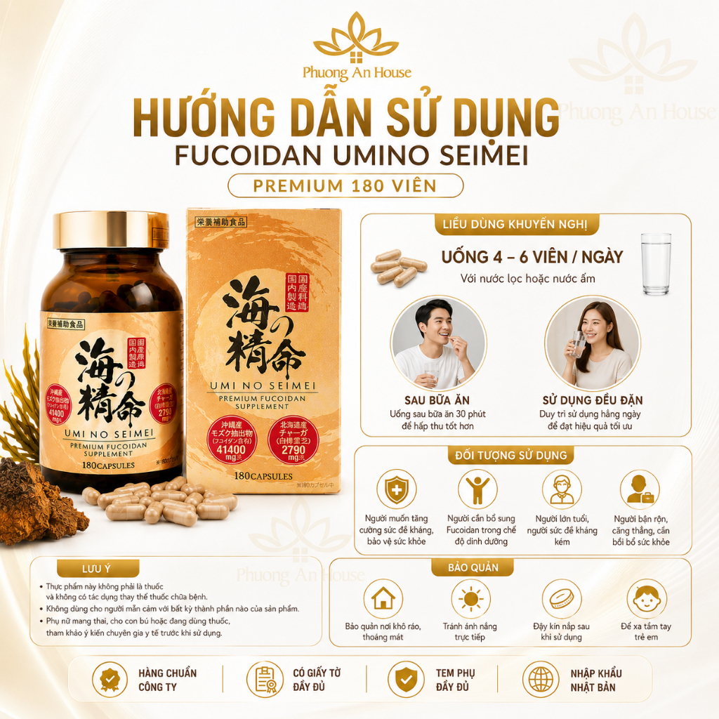 Thực phẩm bảo vệ sức khỏe UMI NO SEIMEI Premium Fucoidan 180 Viên Hỗ Trợ Tăng Cường Sức Khỏe