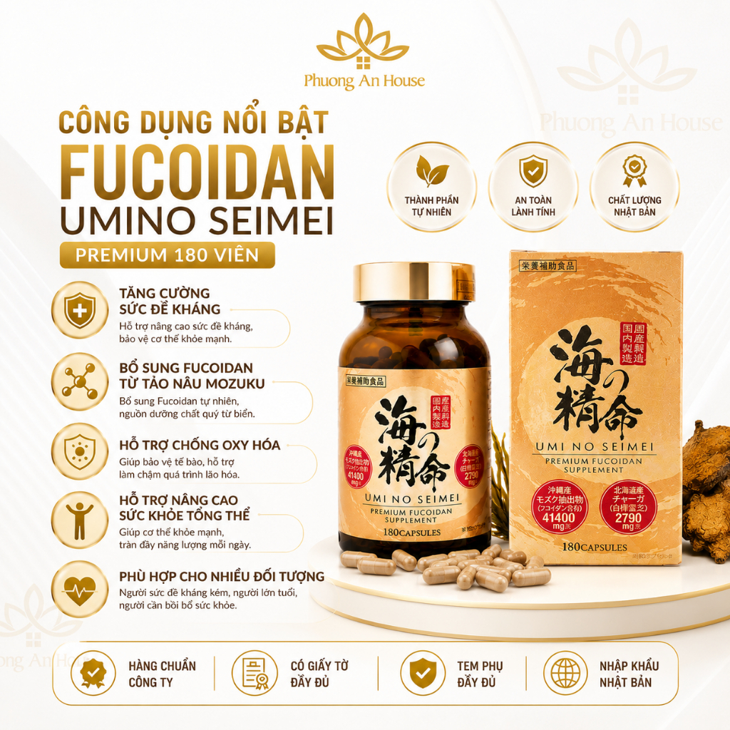 Thực phẩm bảo vệ sức khỏe UMI NO SEIMEI Premium Fucoidan 180 Viên Hỗ Trợ Tăng Cường Sức Khỏe
