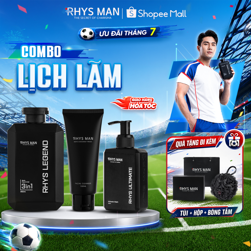 Bộ Quà Tặng Nam - Sữa tắm gội nam 350 ml & Sữa rửa mặt nam 100ml & Dung dịch vệ sinh 120ml RHYS MAN
