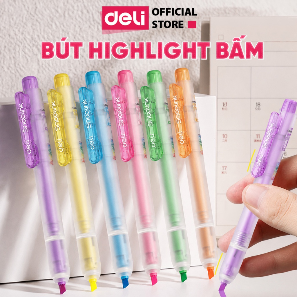 Bút Highlight Dạ Quang Deli Pastel Dạng Bấm Đầu Vát Mềm, Đánh Dấu Sách Vở, Học Tập, Văn Phòng
