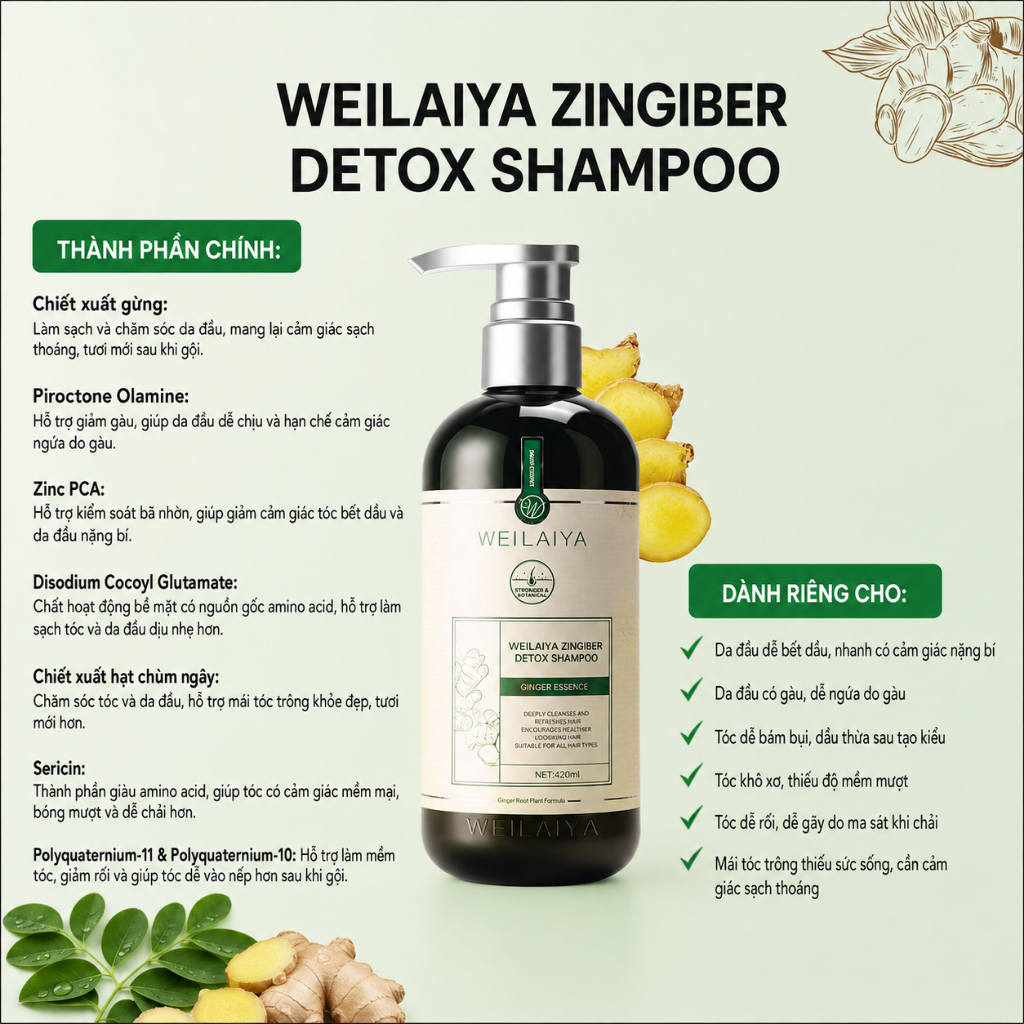 Cặp dầu gội xả tóc thảo dược Weilaiya gừng giúp detox, giúp tóc khoẻ đẹp cho da đầu dầu bết
