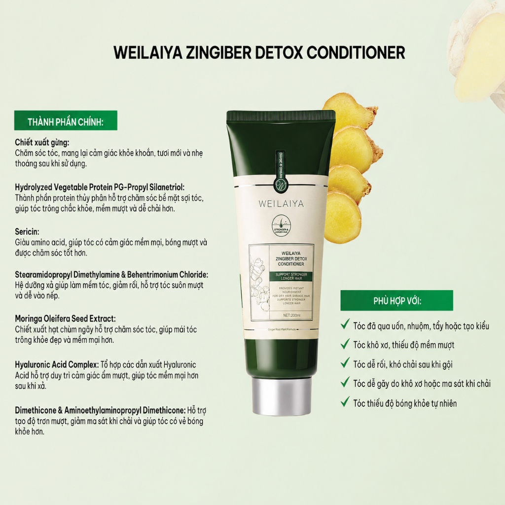 Dầu xả tóc thảo dược Weilaiya gừng giúp detox da đầu, giúp da đầu dễ chịu, hỗ trợ mái tóc khoẻ đẹp chai 200ml