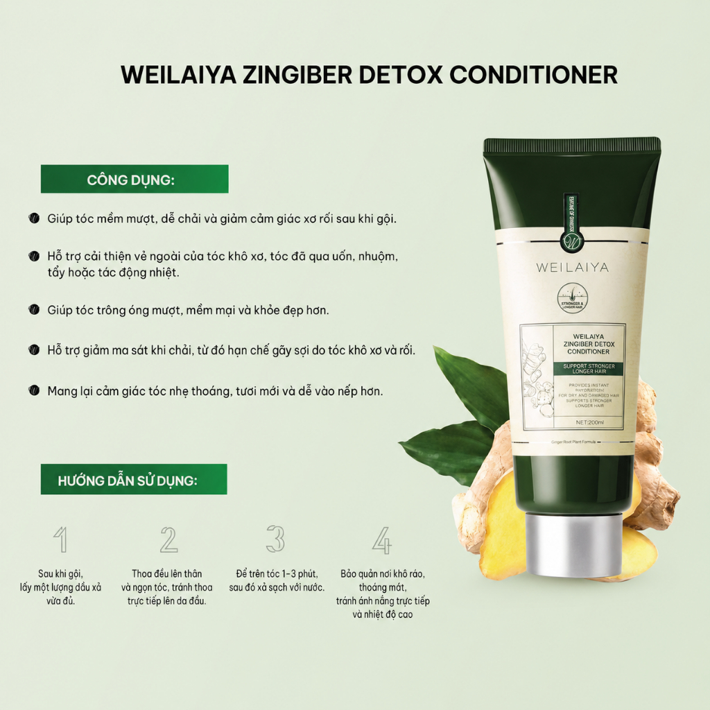 Cặp dầu gội xả tóc thảo dược Weilaiya gừng giúp detox, giúp tóc khoẻ đẹp cho da đầu dầu bết