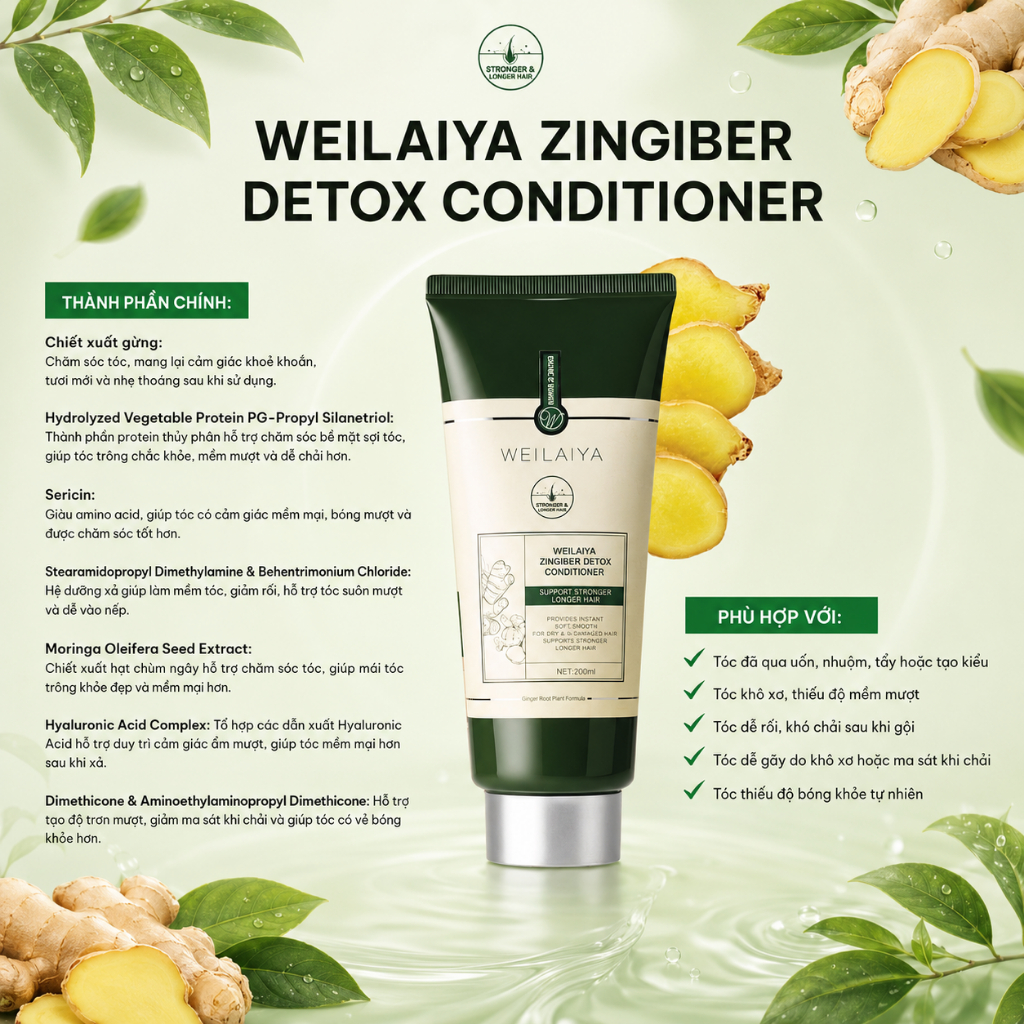 Cặp dầu gội xả tóc thảo dược Weilaiya gừng giúp detox, giúp tóc khoẻ đẹp cho da đầu dầu bết