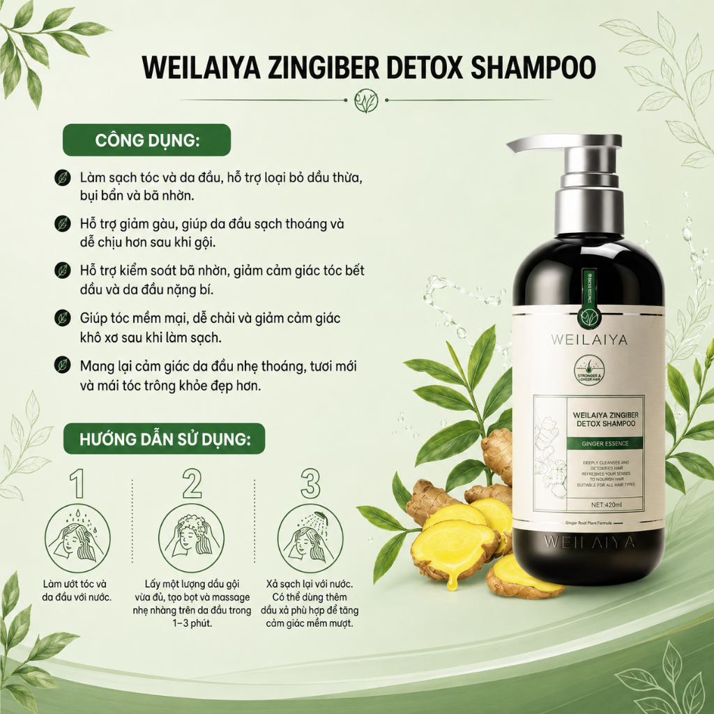 Cặp dầu gội xả tóc thảo dược Weilaiya gừng giúp detox, giúp tóc khoẻ đẹp cho da đầu dầu bết